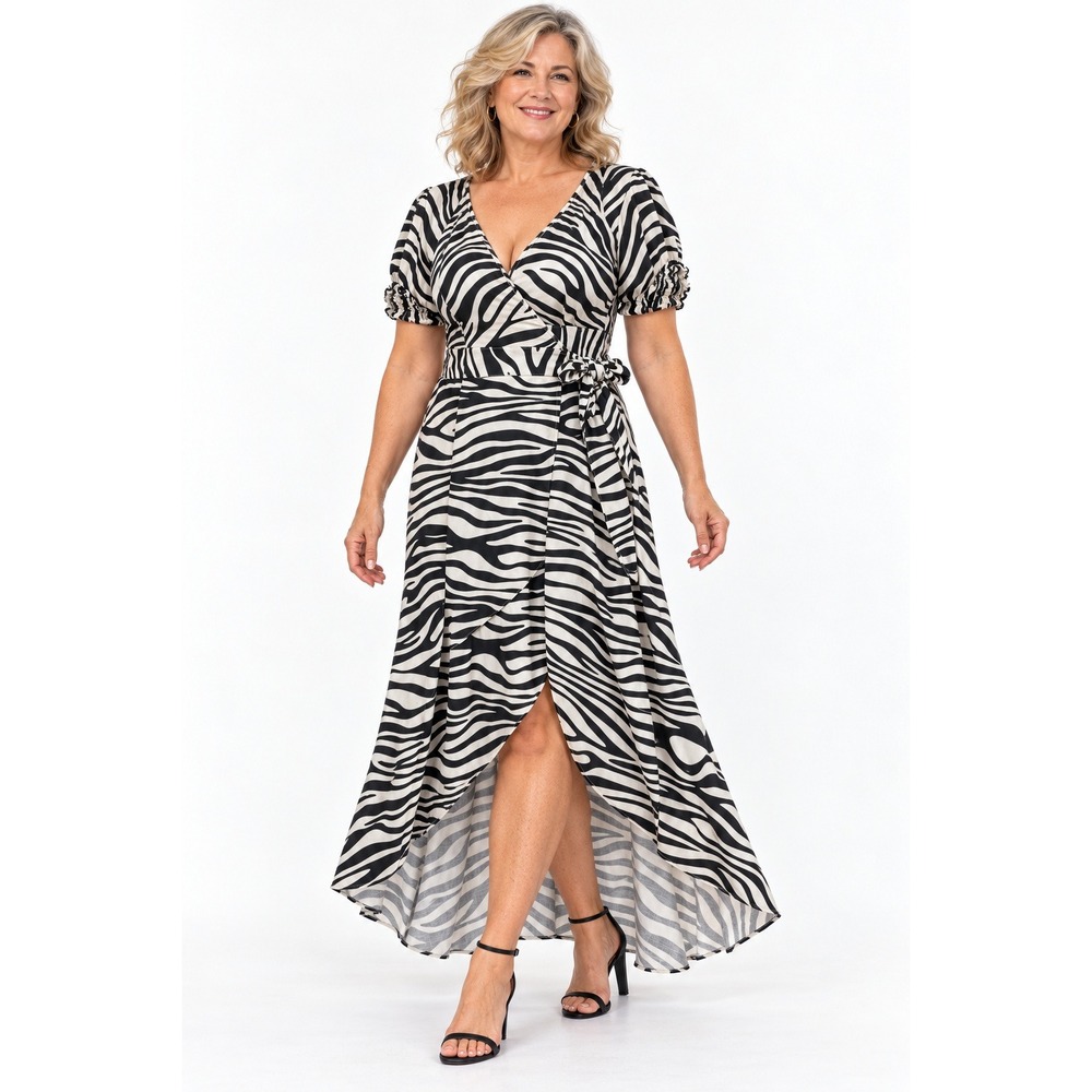 Rosa Milliossi Wrap Dress Zebra Print High-Low Black White Women XL Safari Core